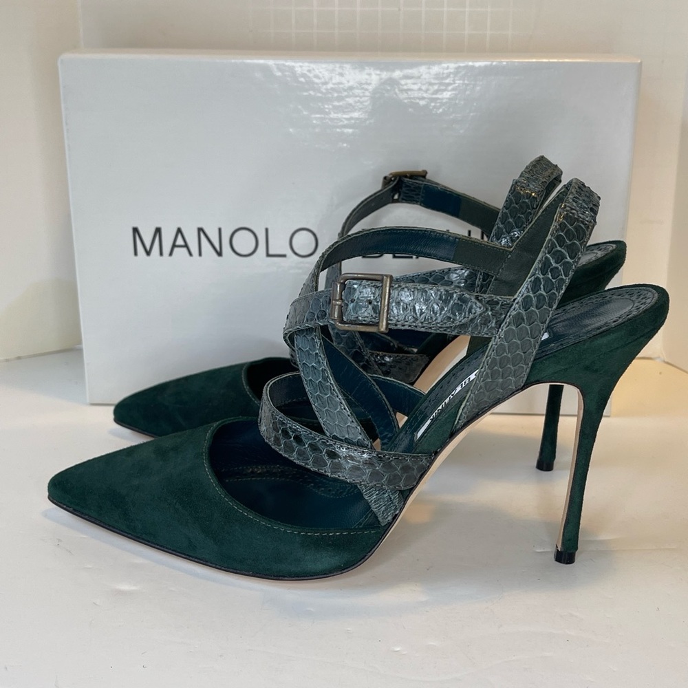 Vintage Manolo Blahnik Green Suede Strappy Stiletto Heels, sz 39.5